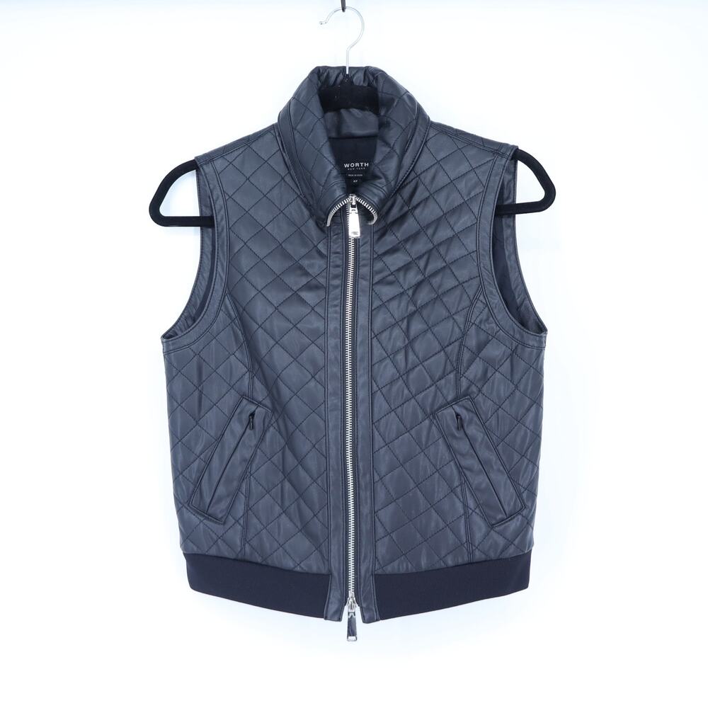 Worth New York Quilted Faux Leather Vest Black Full Zip Collared Women's XSP